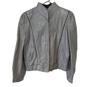 Vintage 80s Leather Jacket "Foxmoor" Grey Puffed Sleeves Size 11 40" Bust